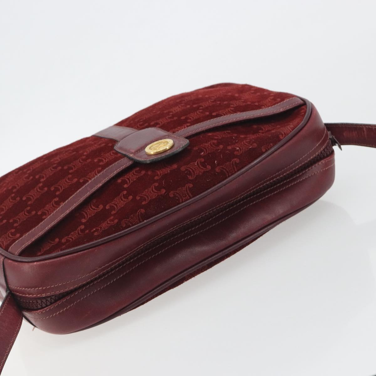 CELINE Macadam Canvas Horse Carriage Bag Suede Bordeaux Gold Auth 195091