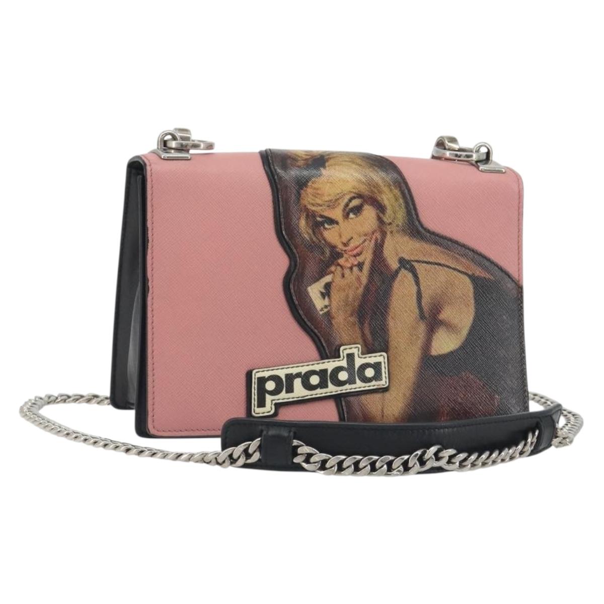 PRADA Chain Shoulder Bag Saffiano leather Pink Silver Auth 195095A