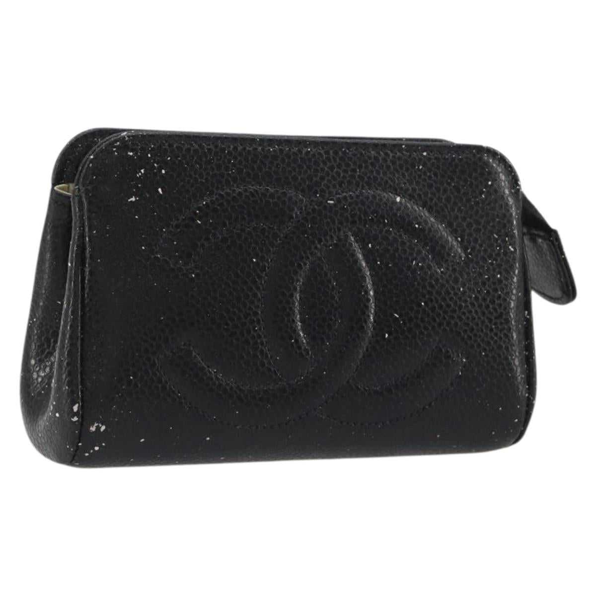 CHANEL COCO Mark Pouch Caviar Skin Black Gold CC Auth 195101