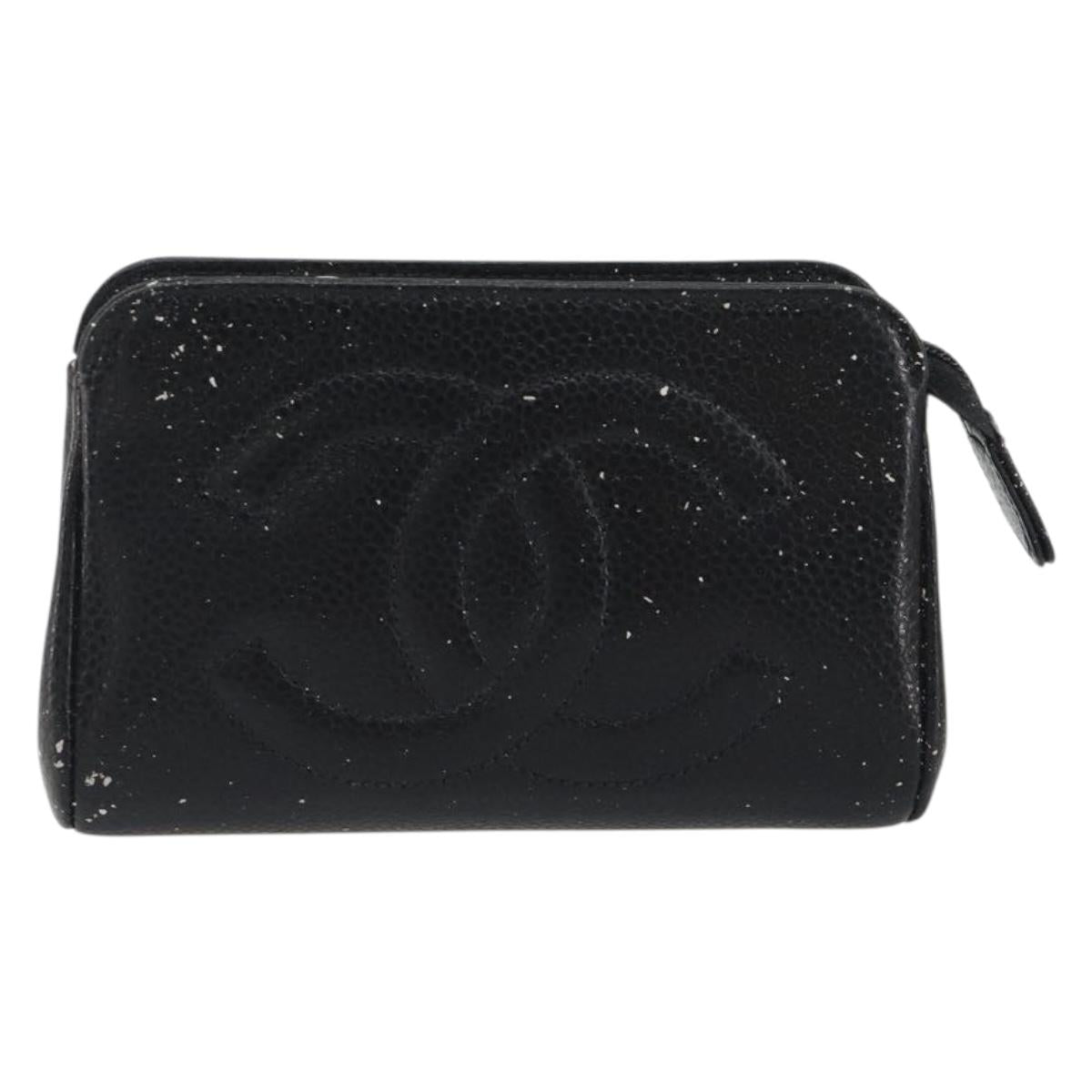 CHANEL COCO Mark Pouch Caviar Skin Black Gold CC Auth 195101