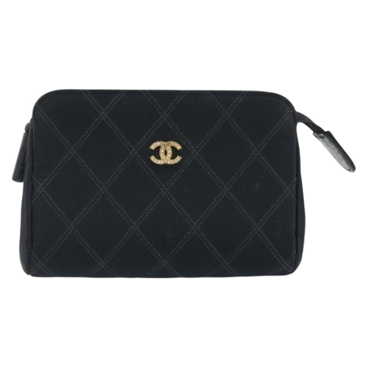 CHANEL Bicolore Pouch Satin Black Gold CC Auth 195103