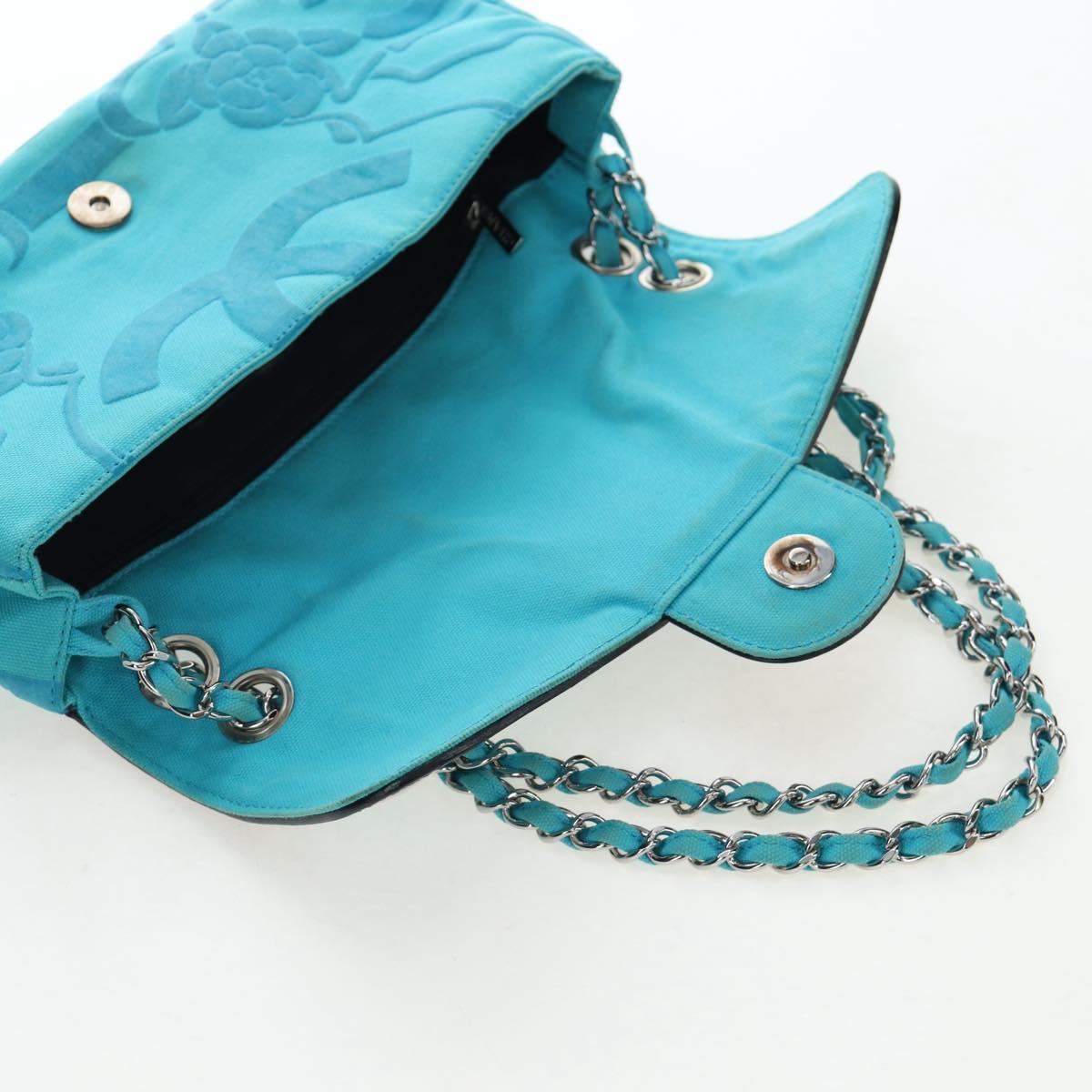 CHANEL Chain Shoulder Bag Canvas Turquoise Blue Silver CC Auth 195104M