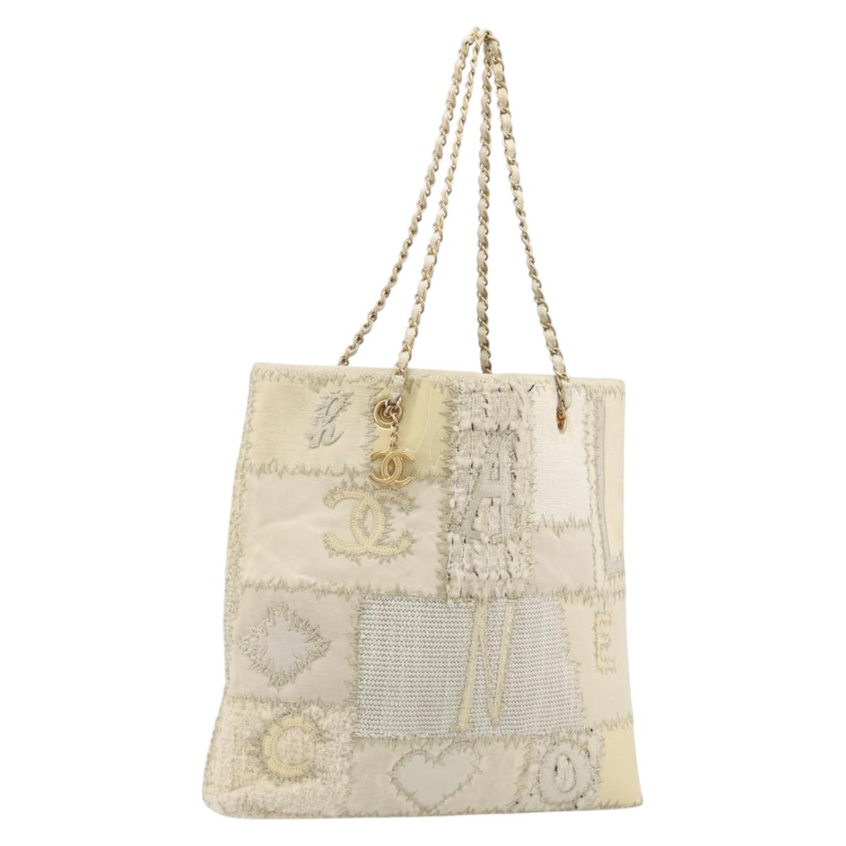 CHANEL Patchwork Chain Tote Bag Tweed Ivory Gold CC Auth 195106SM
