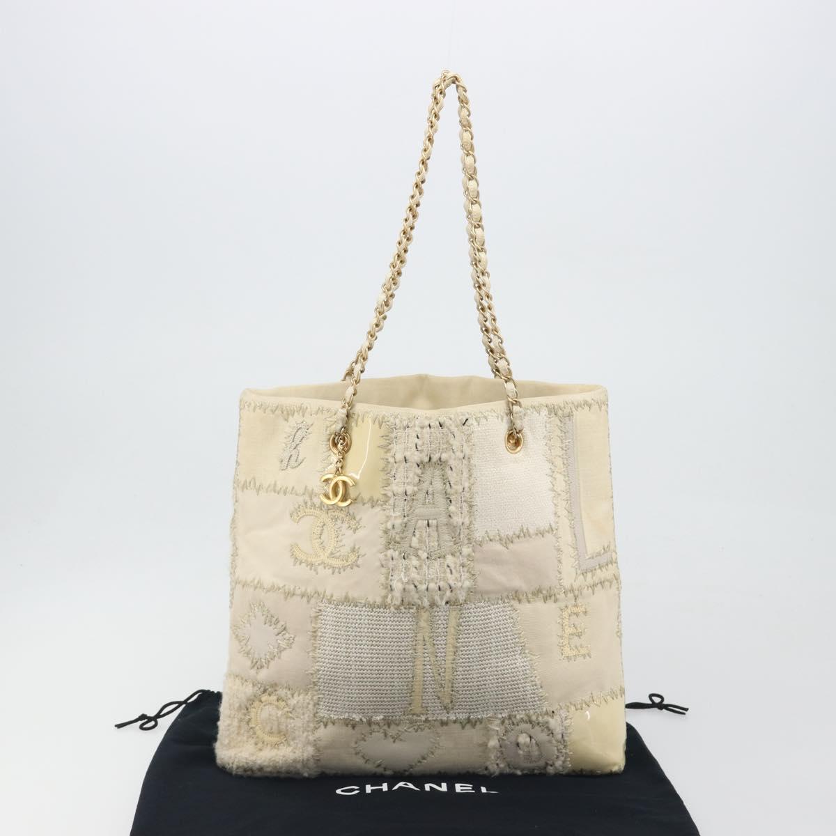 CHANEL Patchwork Chain Tote Bag Tweed Ivory Gold CC Auth 195106SM
