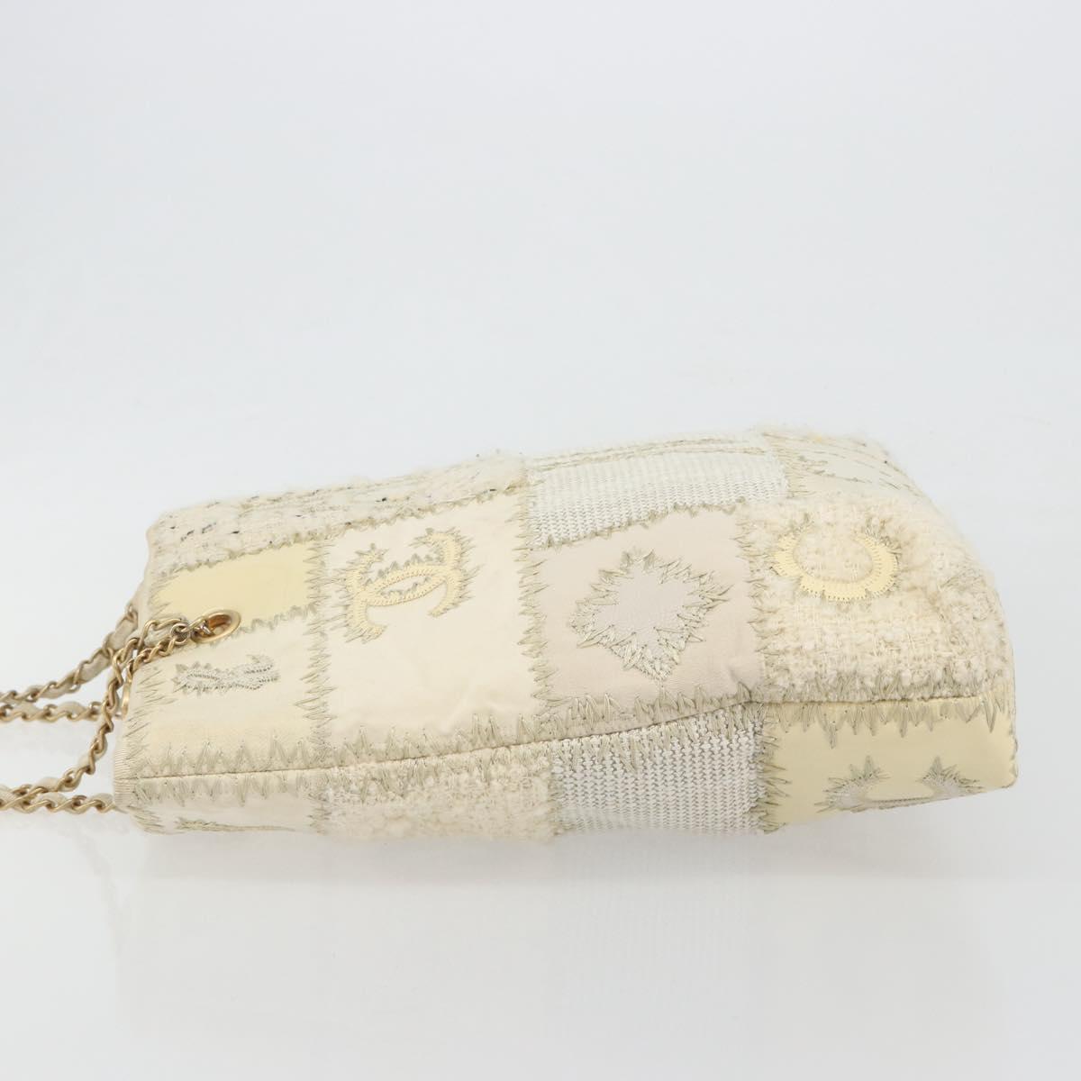 CHANEL Patchwork Chain Tote Bag Tweed Ivory Gold CC Auth 195106SM