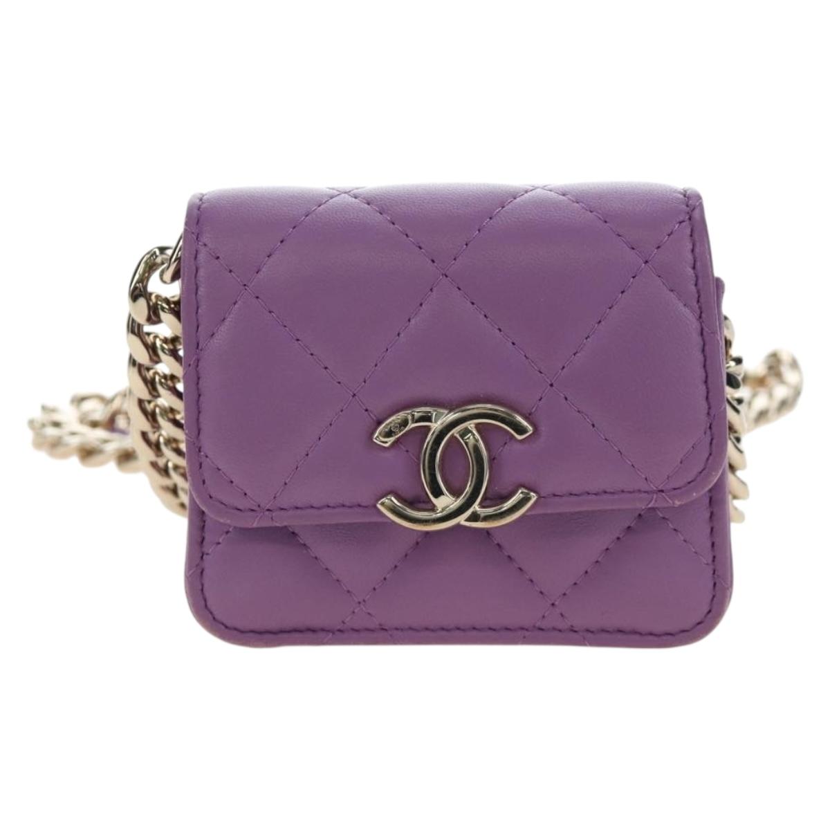 CHANEL Matelasse Chain Shoulder Pouch Lamb Skin Purple Gold CC Auth 195109M