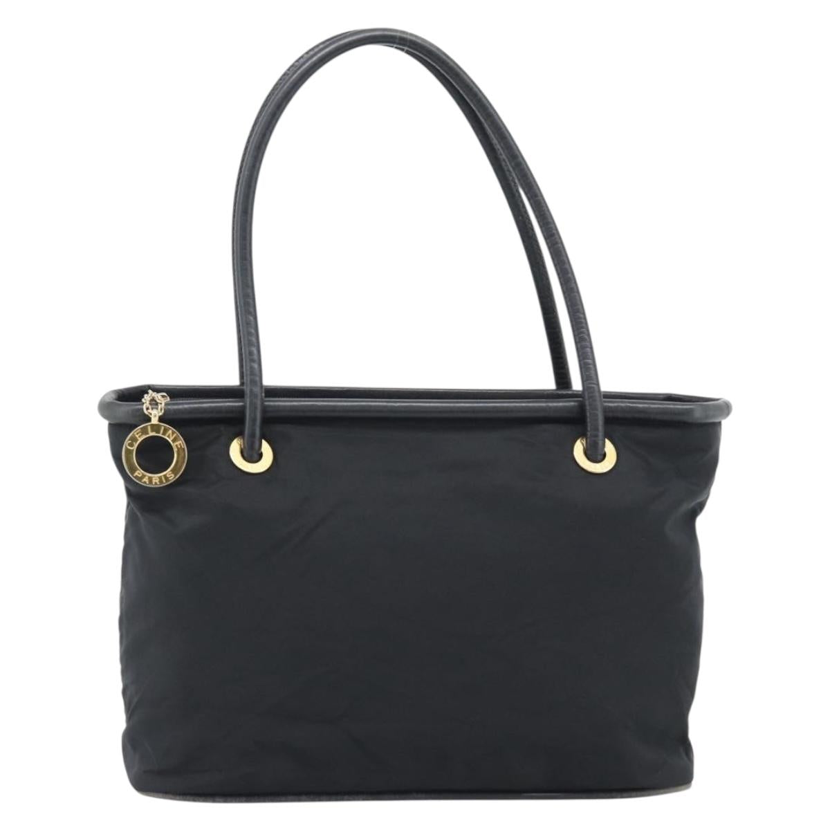 CELINE Hand Bag Nylon Black Gold Auth 195193