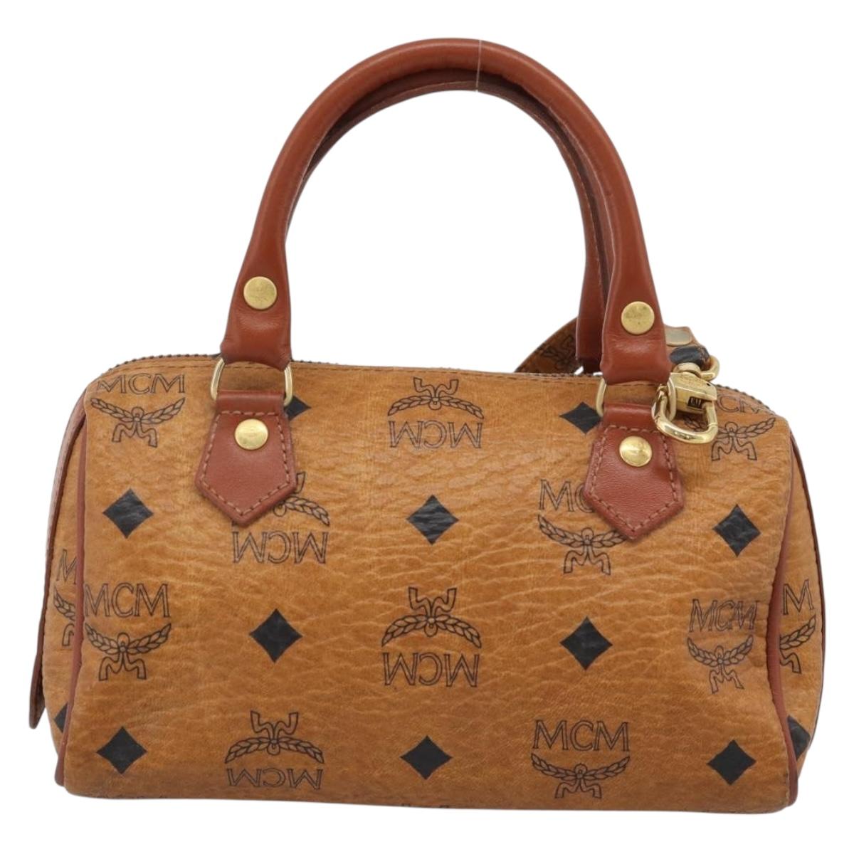MCM Vicetos Logogram Hand Bag PVC Leather 2way White Gold Auth 195198