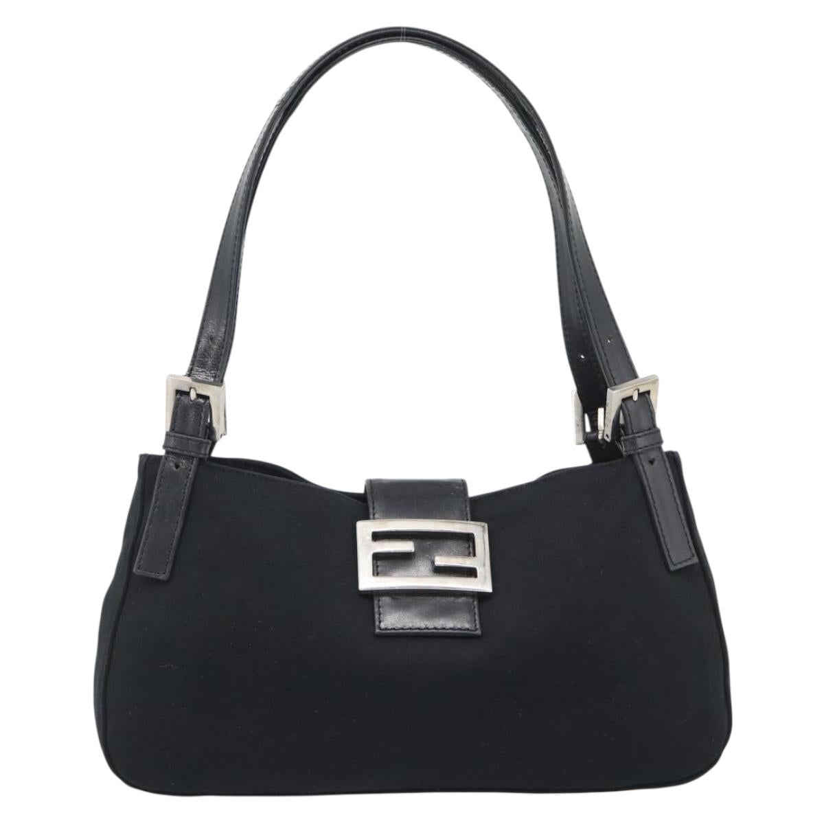 FENDI Mamma Baguette Shoulder Bag Cotton jersey Black Silver Auth 195200A