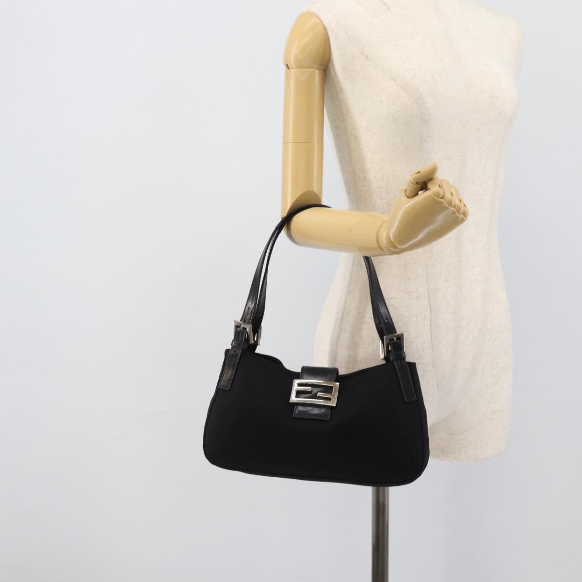 FENDI Mamma Baguette Shoulder Bag Cotton jersey Black Silver Auth 195200A