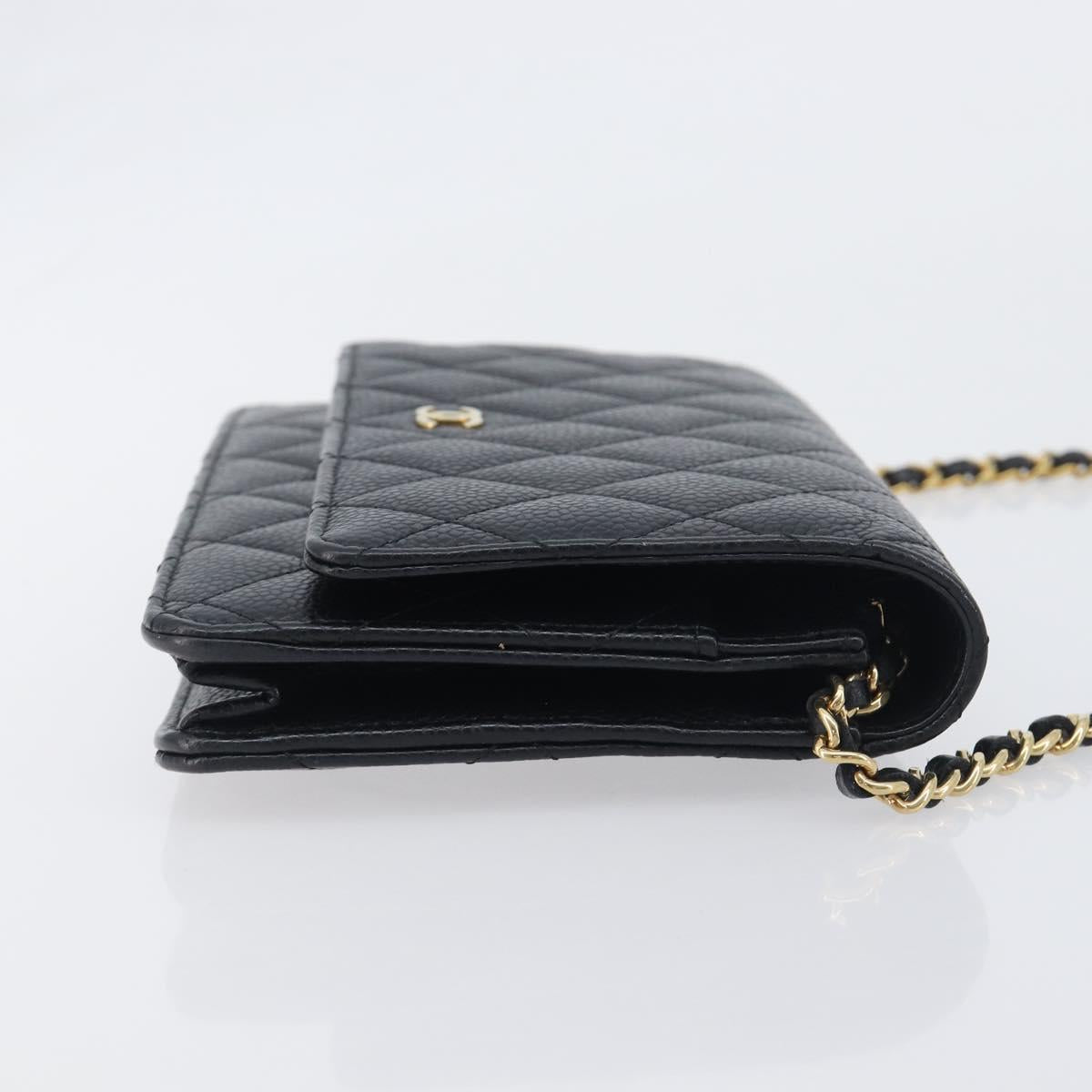 CHANEL Chain Wallet Matelasse Bag Caviar Skin Black Gold CC Auth 195222V