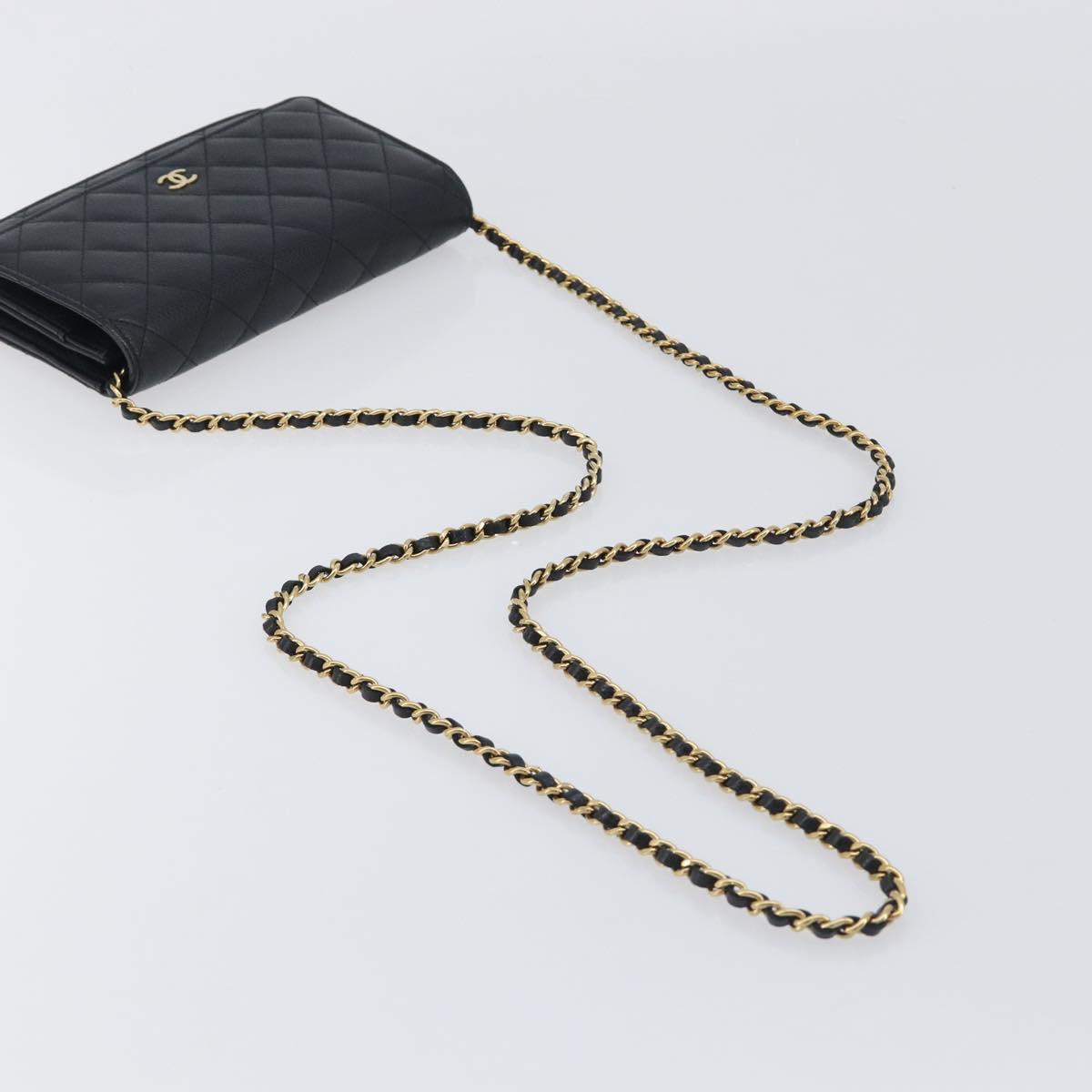 CHANEL Chain Wallet Matelasse Bag Caviar Skin Black Gold CC Auth 195222V