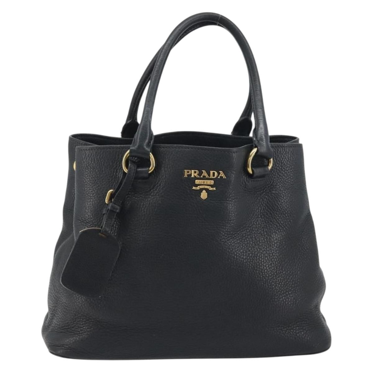PRADA Hand Bag Vittero Dino Leather 2way Black Gold Auth 195226A