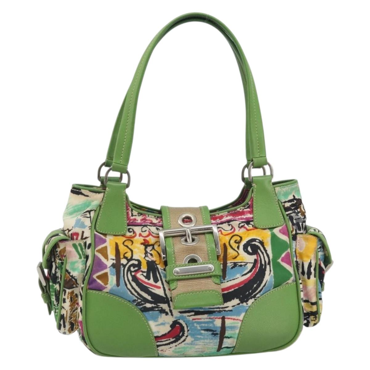 PRADA Hand Bag Nylon Green Silver Auth 195238A