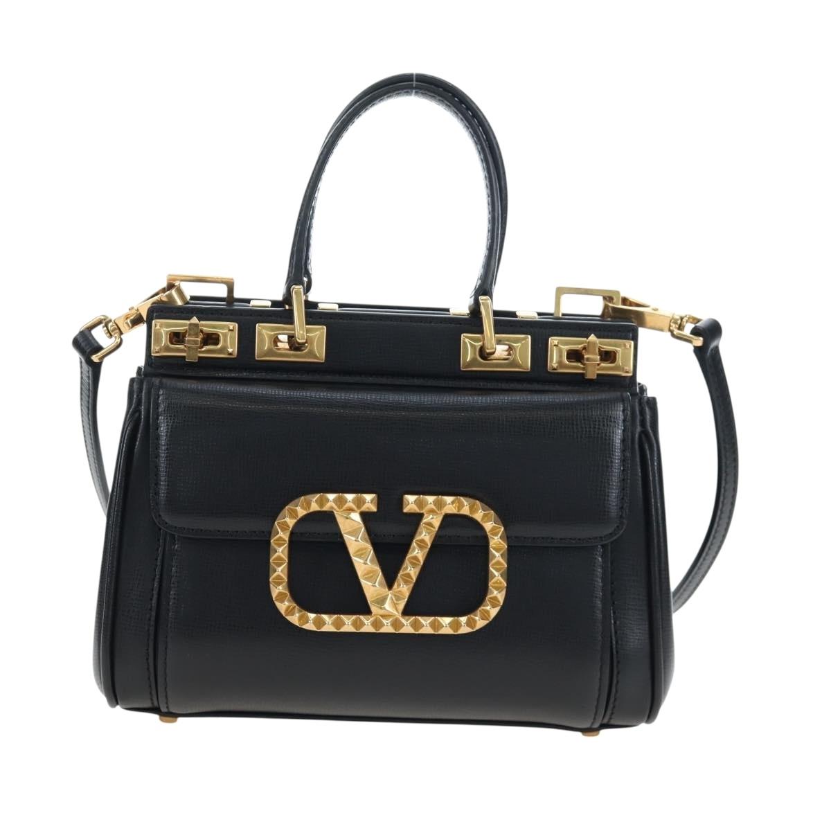 VALENTINO Rock Studs Hand Bag Leather 2way Black Gold Auth 195239M