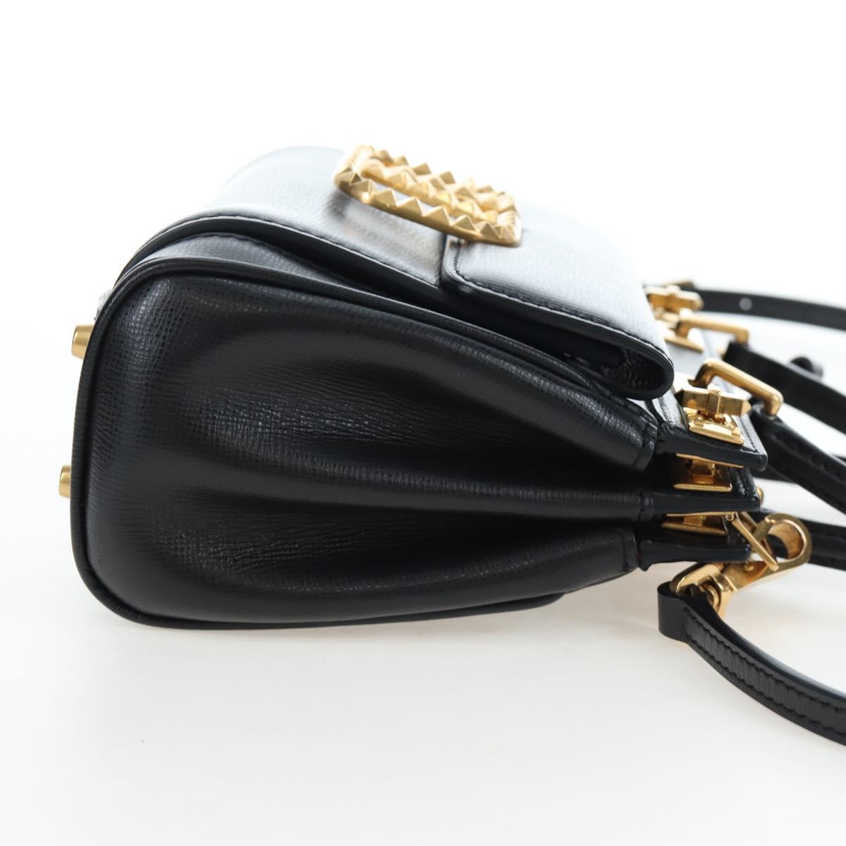 VALENTINO Rock Studs Hand Bag Leather 2way Black Gold Auth 195239M