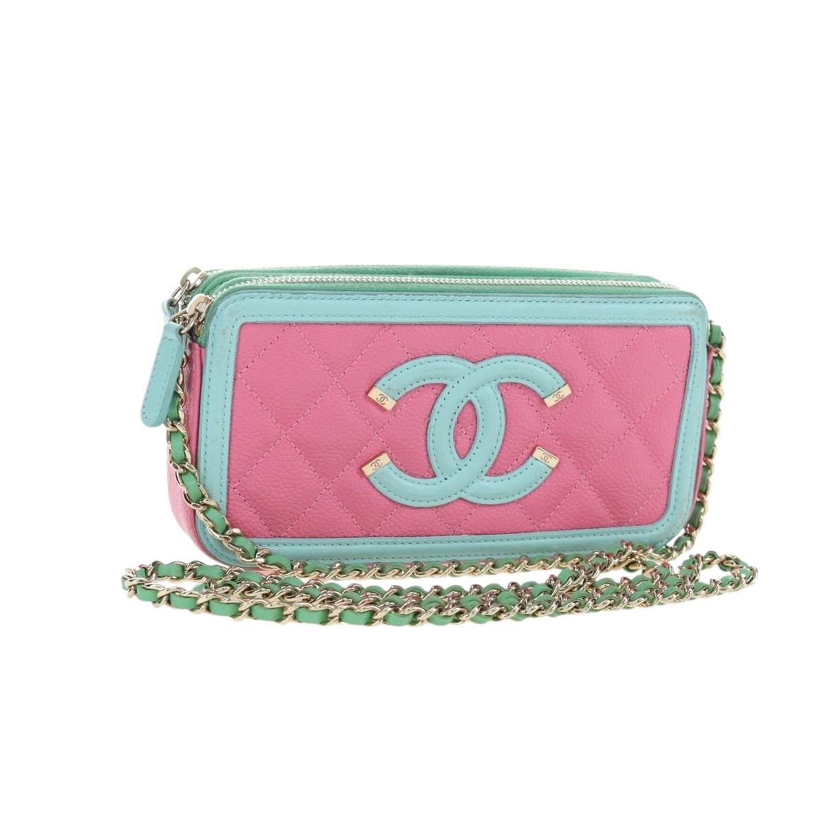 CHANEL Chain CC Filigree Matelasse Bag Caviar Skin Pink Gold CC Auth 195240M