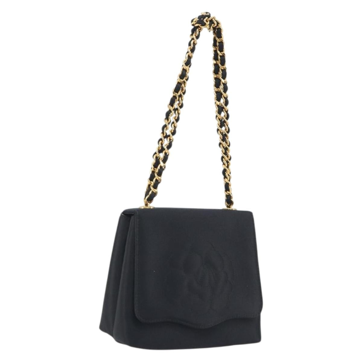 CHANEL Chain Shoulder Bag Satin Black Gold Tone CC Auth 195241V