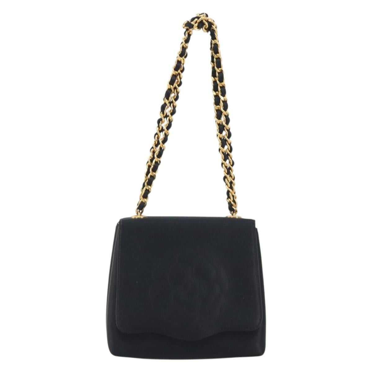 CHANEL Chain Shoulder Bag Satin Black Gold Tone CC Auth 195241V