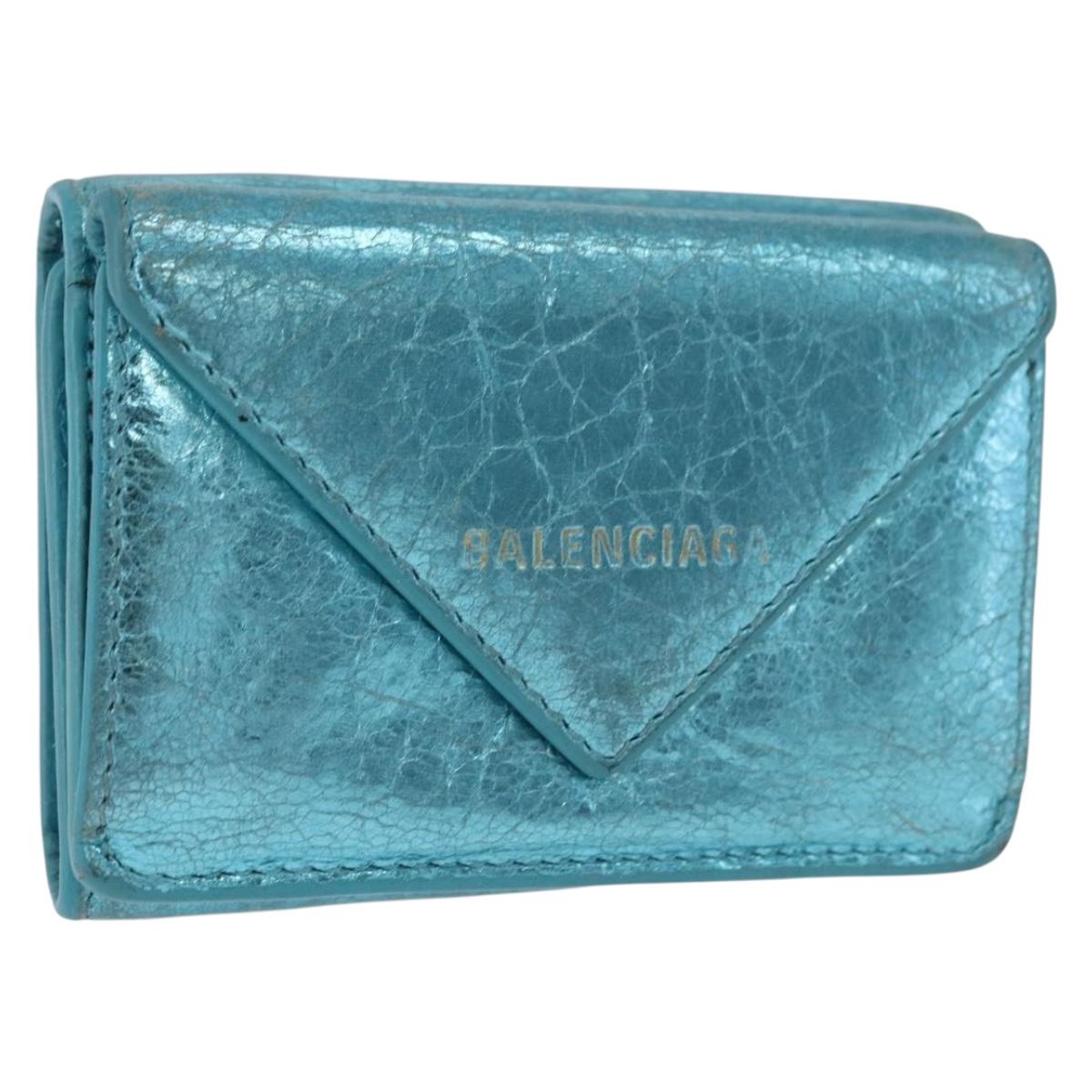 BALENCIAGA Paper Mini Wallet Leather Light Blue Silver 391446 Auth 195242A