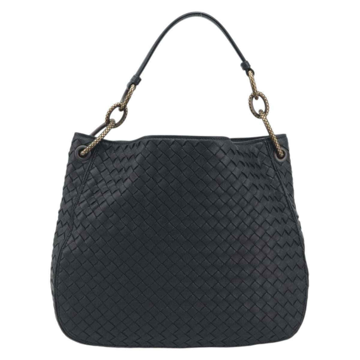 BOTTEGA VENETA INTRECCIATO Chain Shoulder Bag Leather Black Gold Auth 195244V