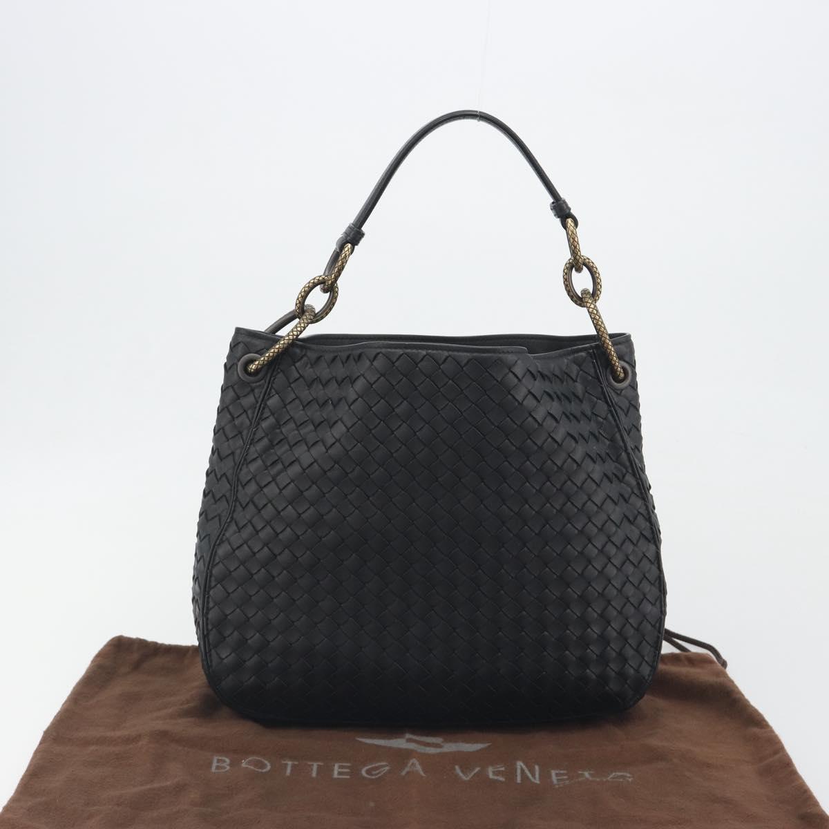BOTTEGA VENETA INTRECCIATO Chain Shoulder Bag Leather Black Gold Auth 195244V
