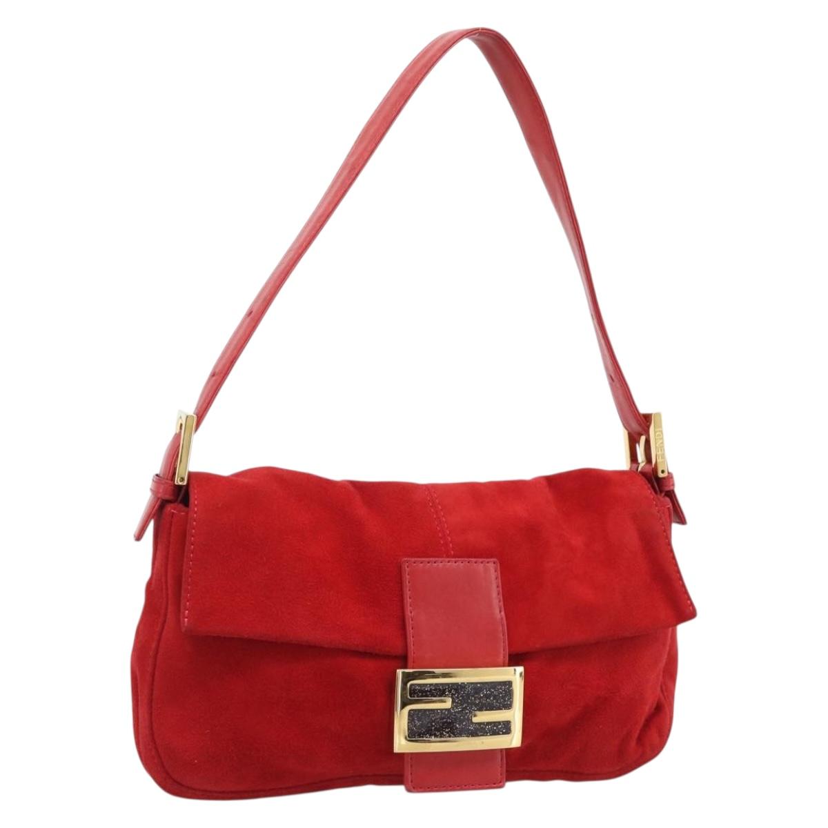 FENDI Mamma Baguette Shoulder Bag Suede Red Gold Auth 195245SM