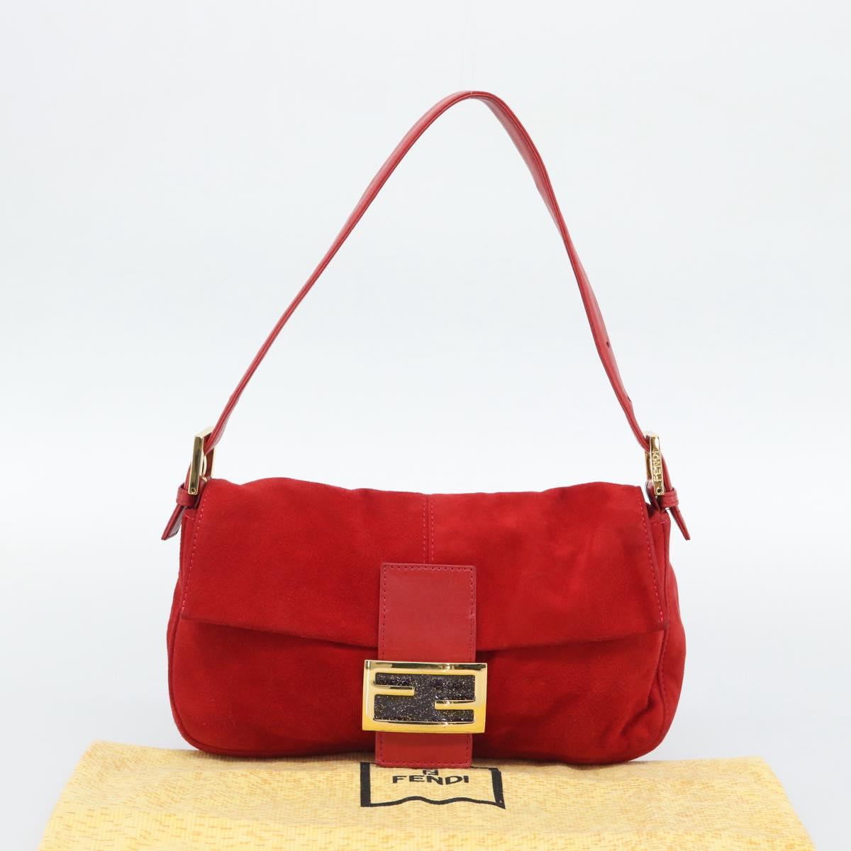 FENDI Mamma Baguette Shoulder Bag Suede Red Gold Auth 195245SM