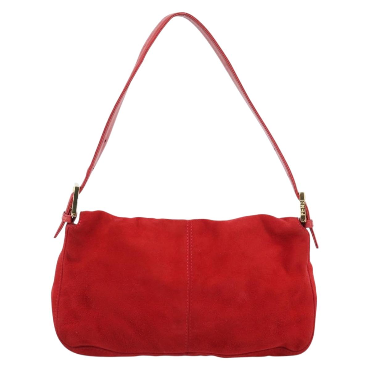FENDI Mamma Baguette Shoulder Bag Suede Red Gold Auth 195245SM
