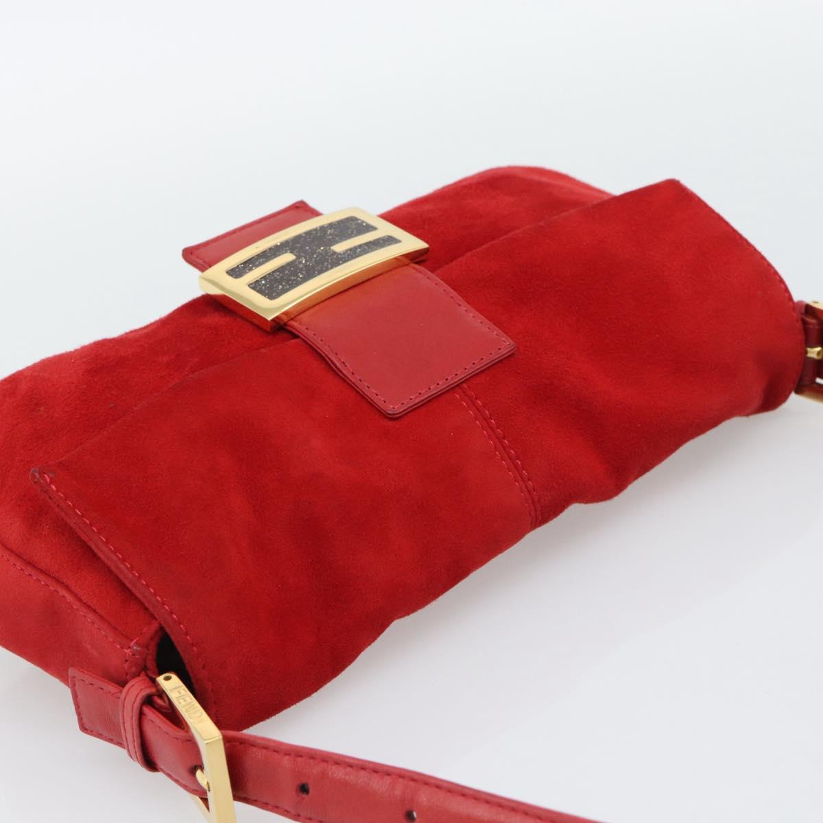 FENDI Mamma Baguette Shoulder Bag Suede Red Gold Auth 195245SM