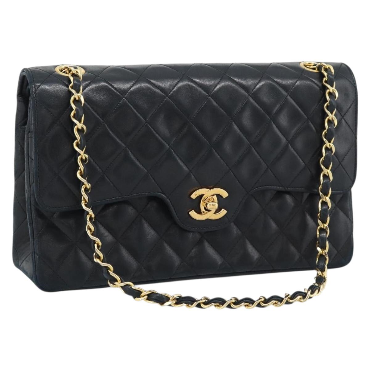 CHANEL Chain Matelasse 25 Shoulder Bag Lamb Skin Black Gold CC Auth 195247V