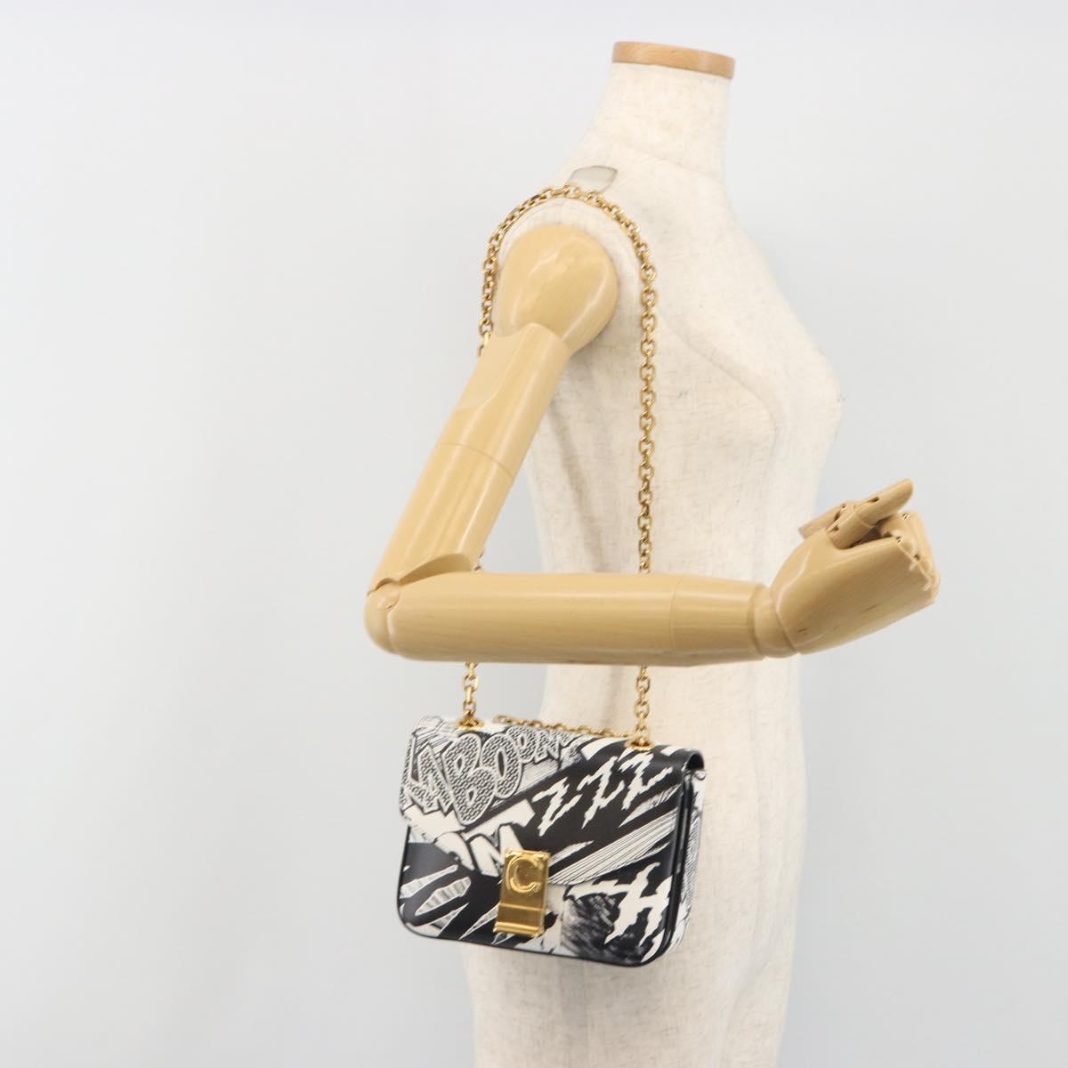 CELINE Christian Marclay Chain Shoulder Bag Leather White Gold Tone Auth 195249M