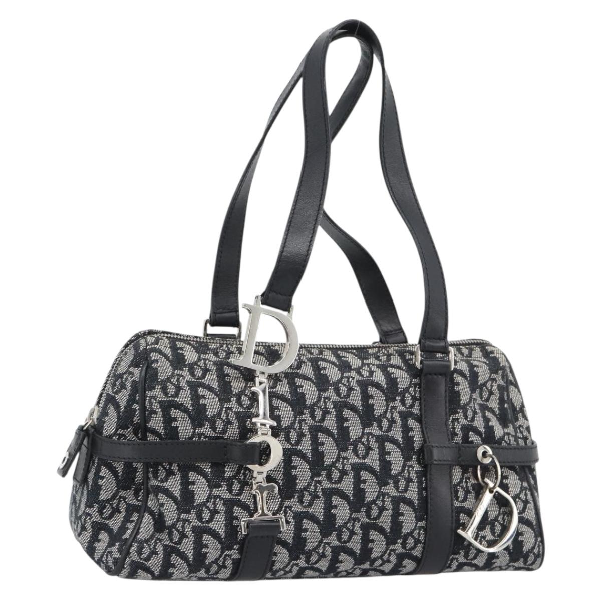 Christian Dior Trotter Canvas Boston Bag Black Silver Auth 195251V