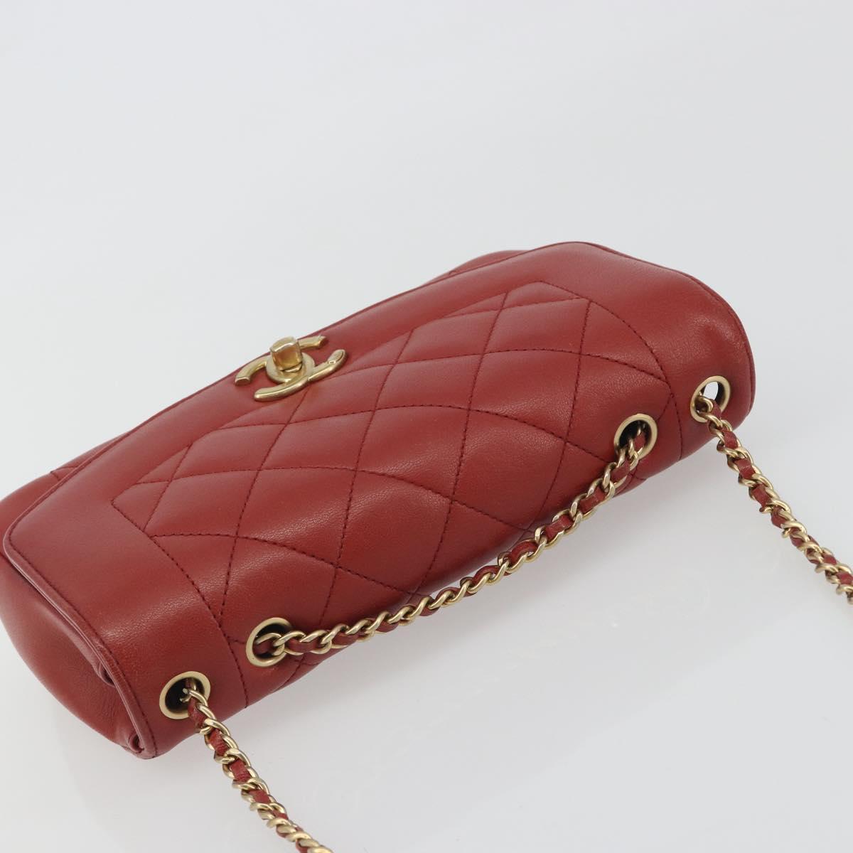 CHANEL Matelasse Chain Shoulder Bag Lamb Skin Red Gold Tone CC Auth 195253SM