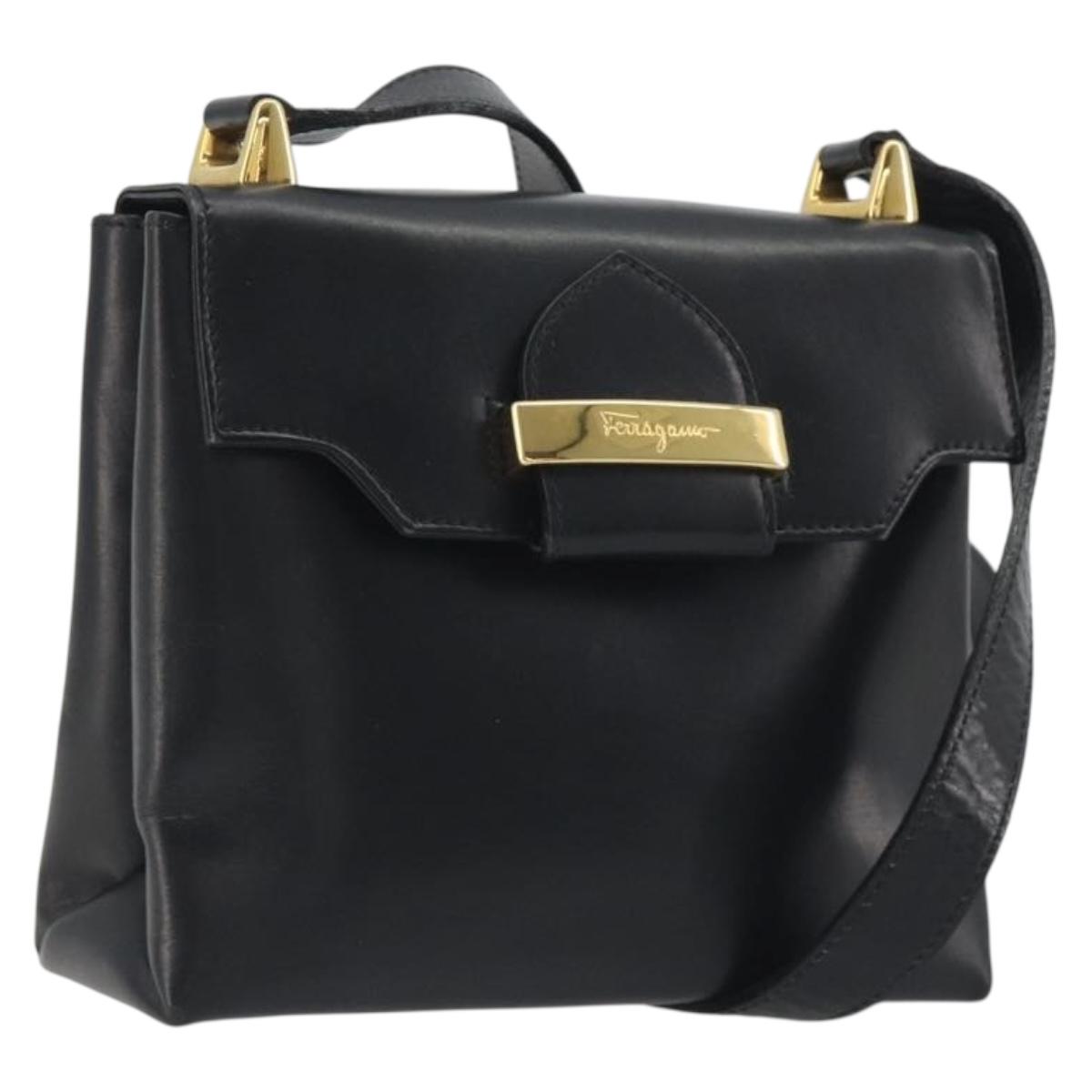Salvatore Ferragamo Shoulder Bag Leather Black Gold Auth 195262