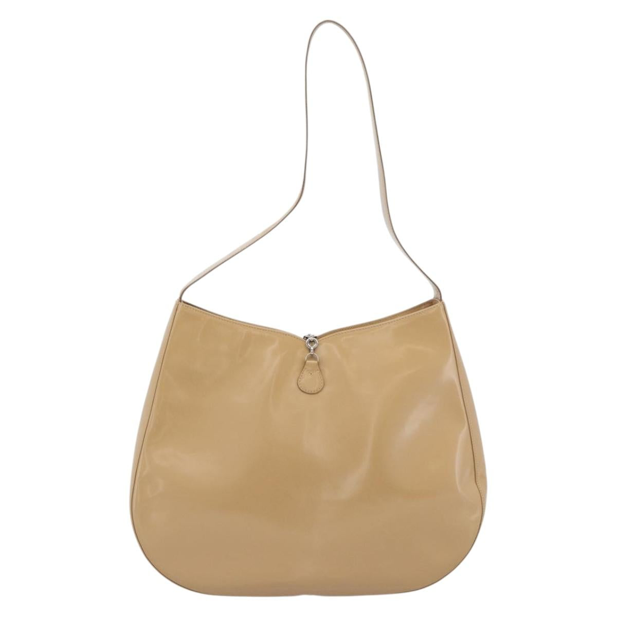 Salvatore Ferragamo Gancini Shoulder Bag Patent Leather Beige Silver Auth 195268