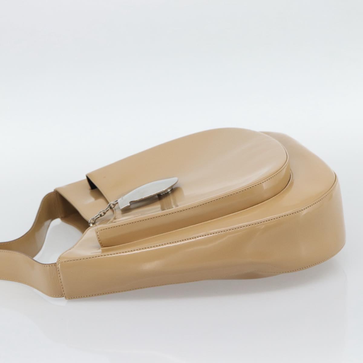 Salvatore Ferragamo Gancini Shoulder Bag Patent Leather Beige Silver Auth 195268