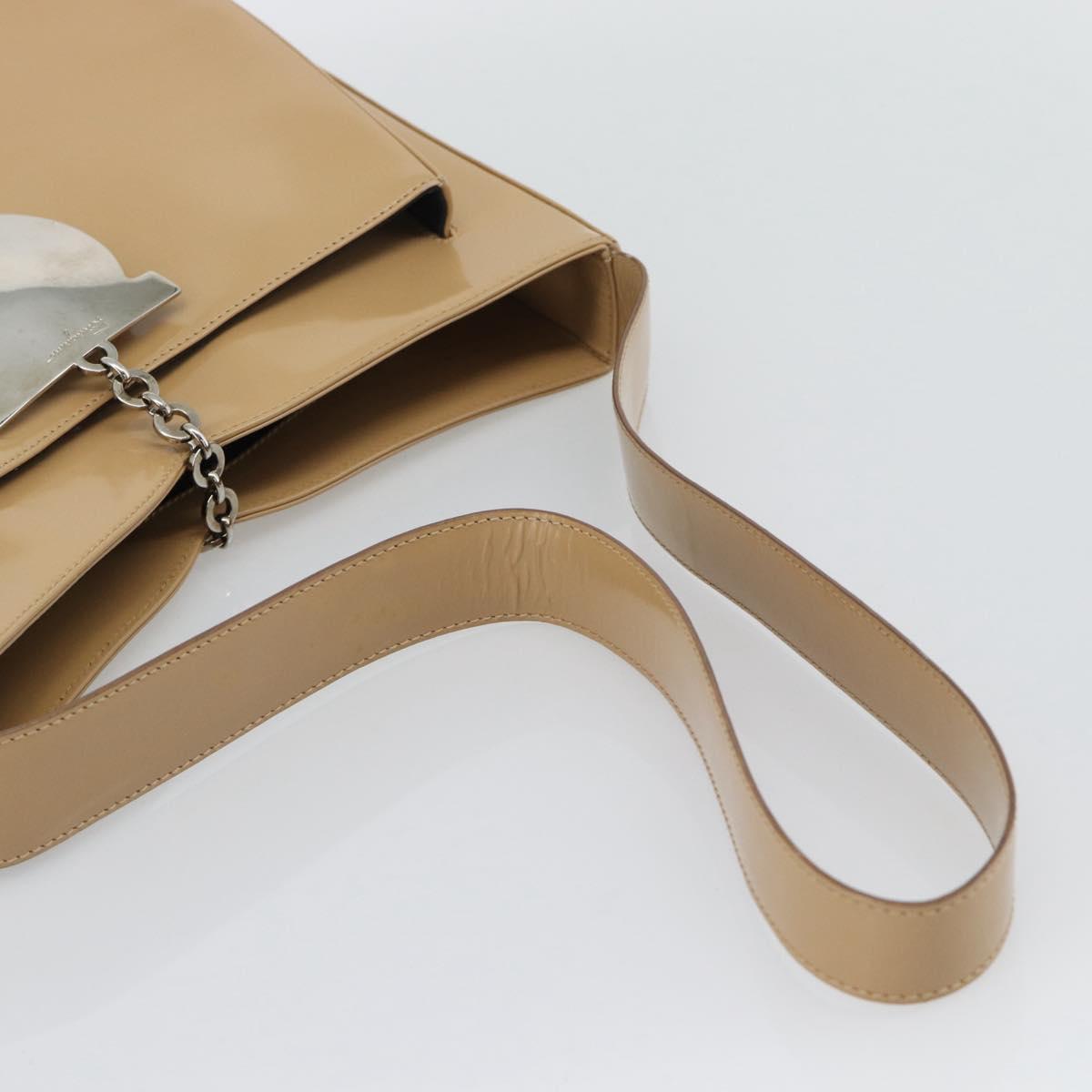 Salvatore Ferragamo Gancini Shoulder Bag Patent Leather Beige Silver Auth 195268