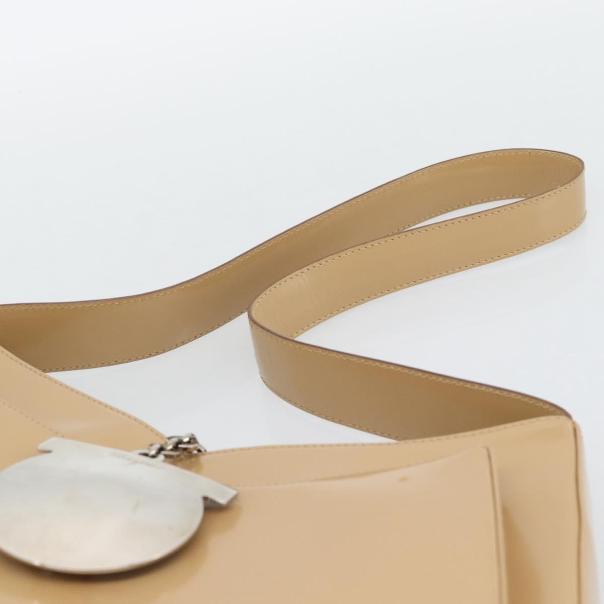 Salvatore Ferragamo Gancini Shoulder Bag Patent Leather Beige Silver Auth 195268