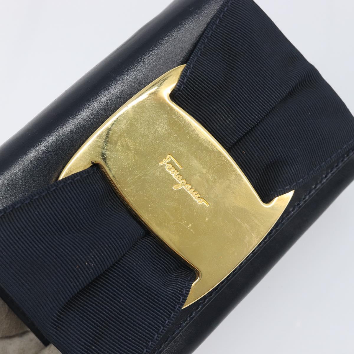 Salvatore Ferragamo Vala Shoulder Bag Canvas Navy Gold Auth 195283