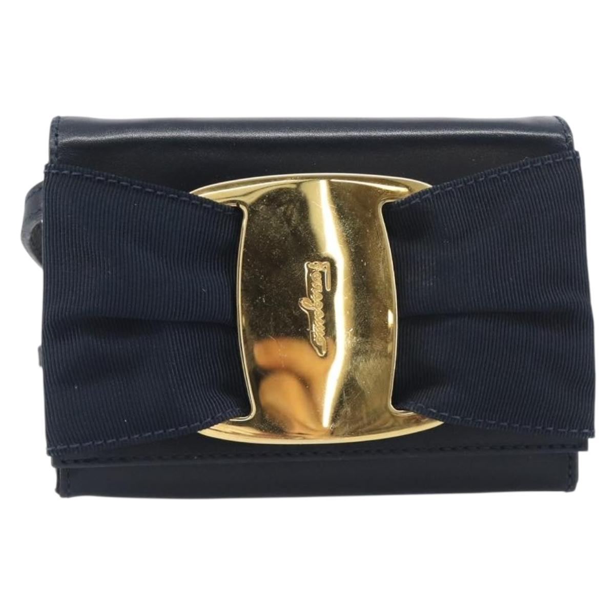 Salvatore Ferragamo Vala Shoulder Bag Canvas Navy Gold Auth 195283