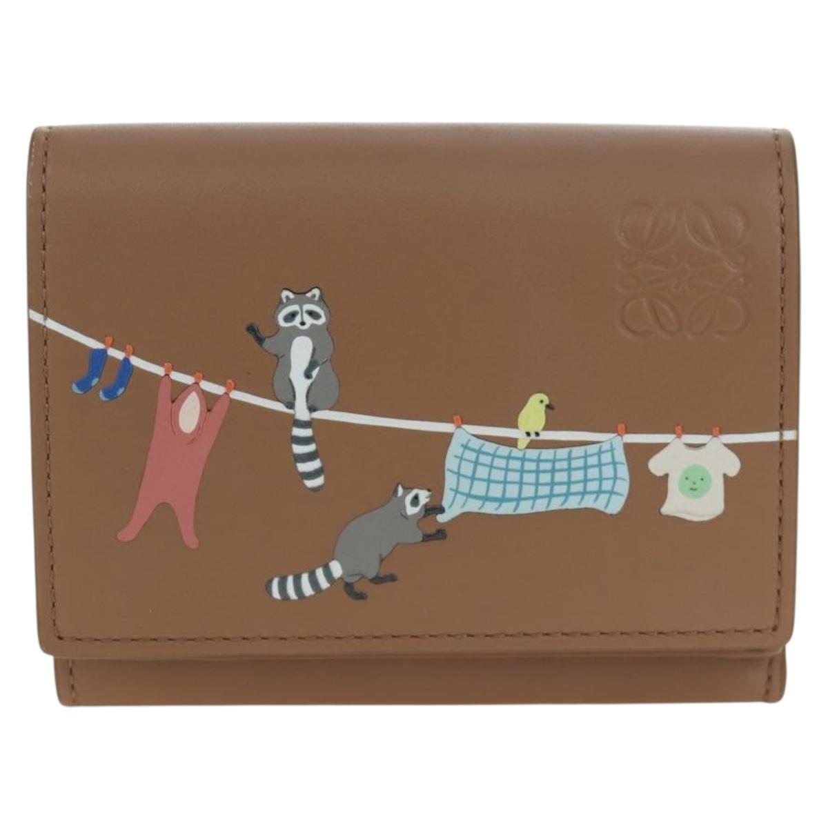LOEWE Raccoon Trifold Wallet Leather Suna Fujita Brown Silver Auth 195312M