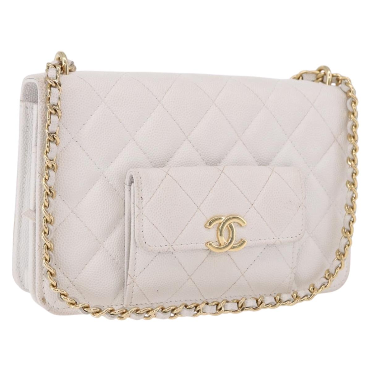 CHANEL Matelasse Chain Shoulder Bag Caviar Skin White Gold Tone CC Auth 195323A
