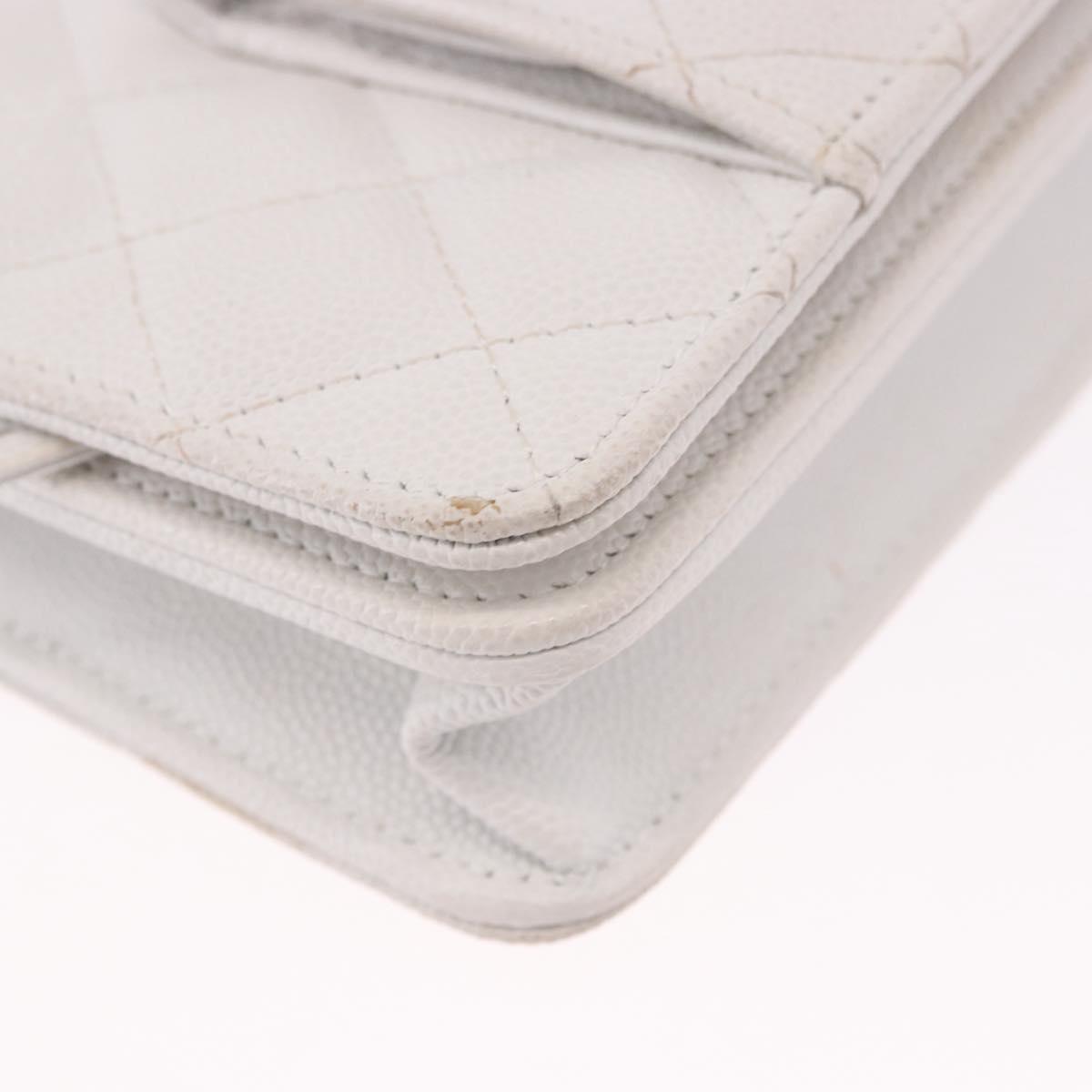 CHANEL Matelasse Chain Shoulder Bag Caviar Skin White Gold Tone CC Auth 195323A