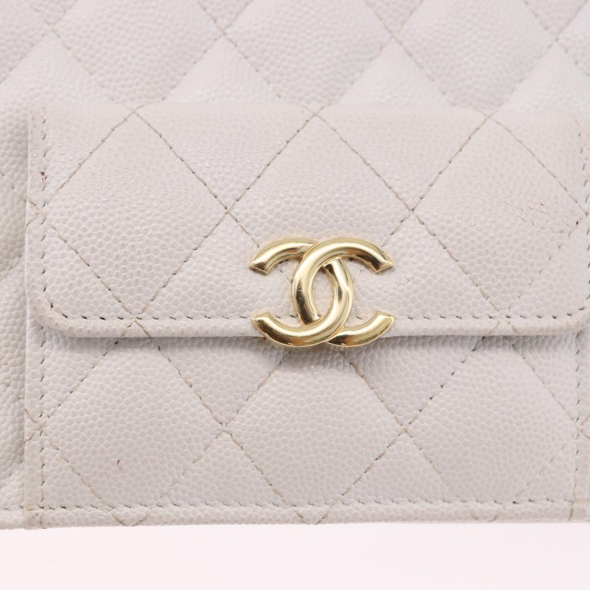CHANEL Matelasse Chain Shoulder Bag Caviar Skin White Gold Tone CC Auth 195323A