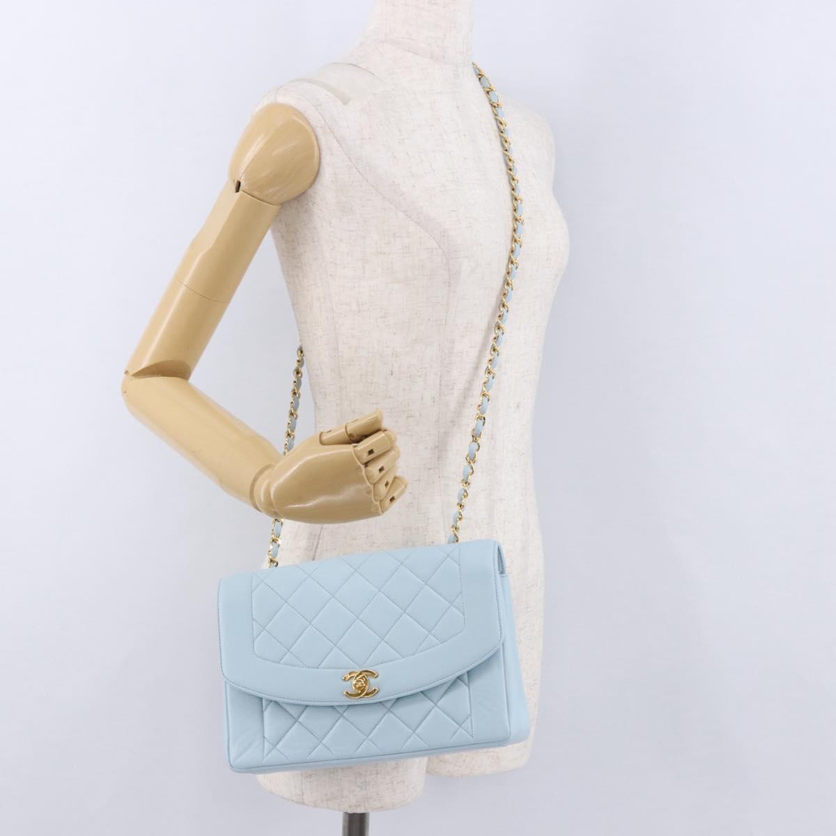 CHANEL Matelasse Chain Shoulder Bag Lamb Skin Light Blue Gold CC Auth 195324V