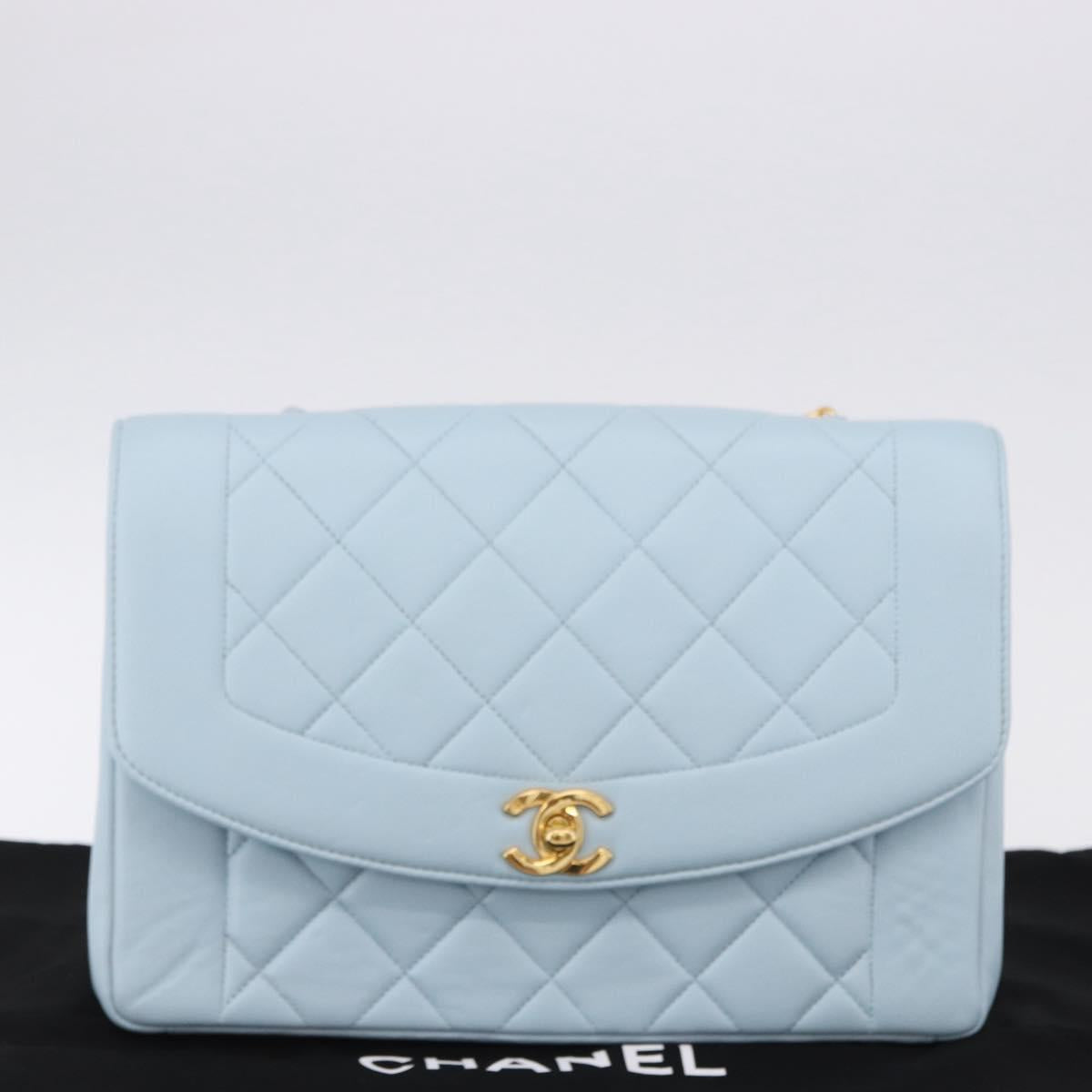 CHANEL Matelasse Chain Shoulder Bag Lamb Skin Light Blue Gold CC Auth 195324V