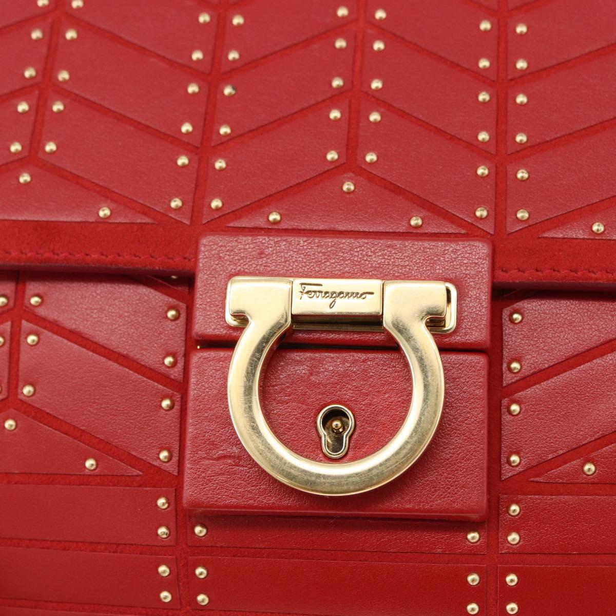 Salvatore Ferragamo Gancini Hand Bag Leather 2way Red Gold Tone Auth 195327A