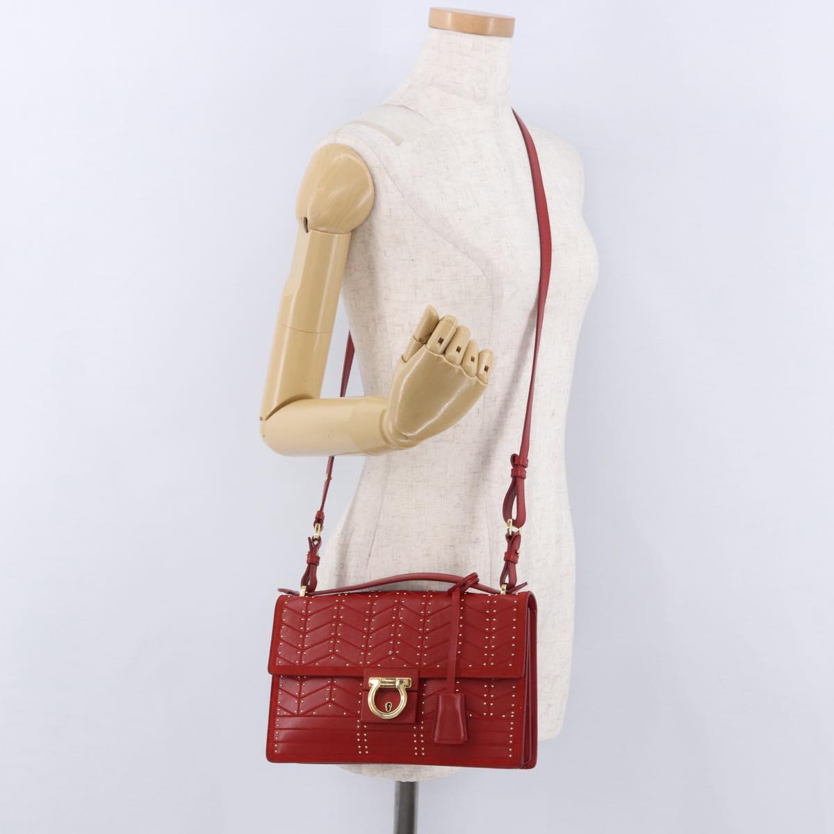 Salvatore Ferragamo Gancini Hand Bag Leather 2way Red Gold Tone Auth 195327A