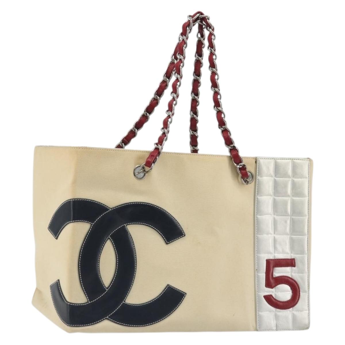 CHANEL Choco Bar Chain Shoulder Tote Bag Canvas Beige Silver CC Auth 195335A
